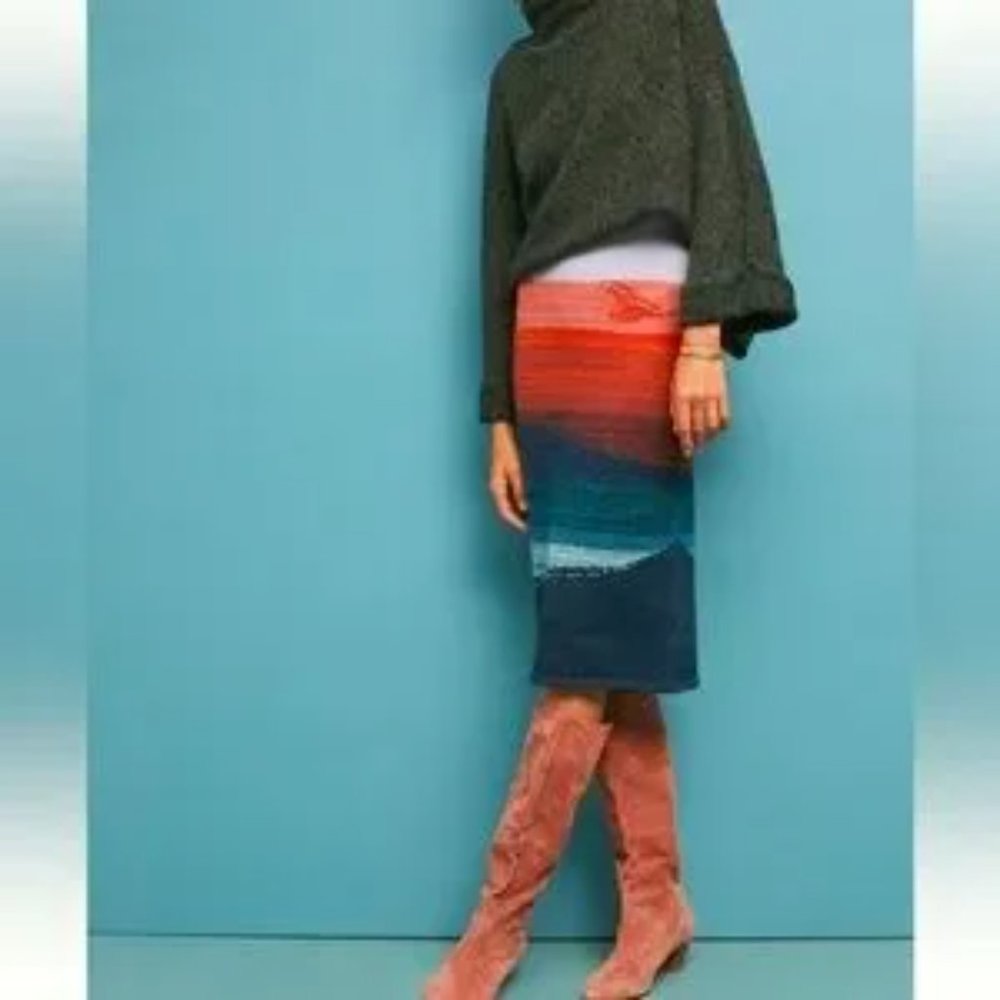 Anthropologie slim sweater skirt with scenic design.